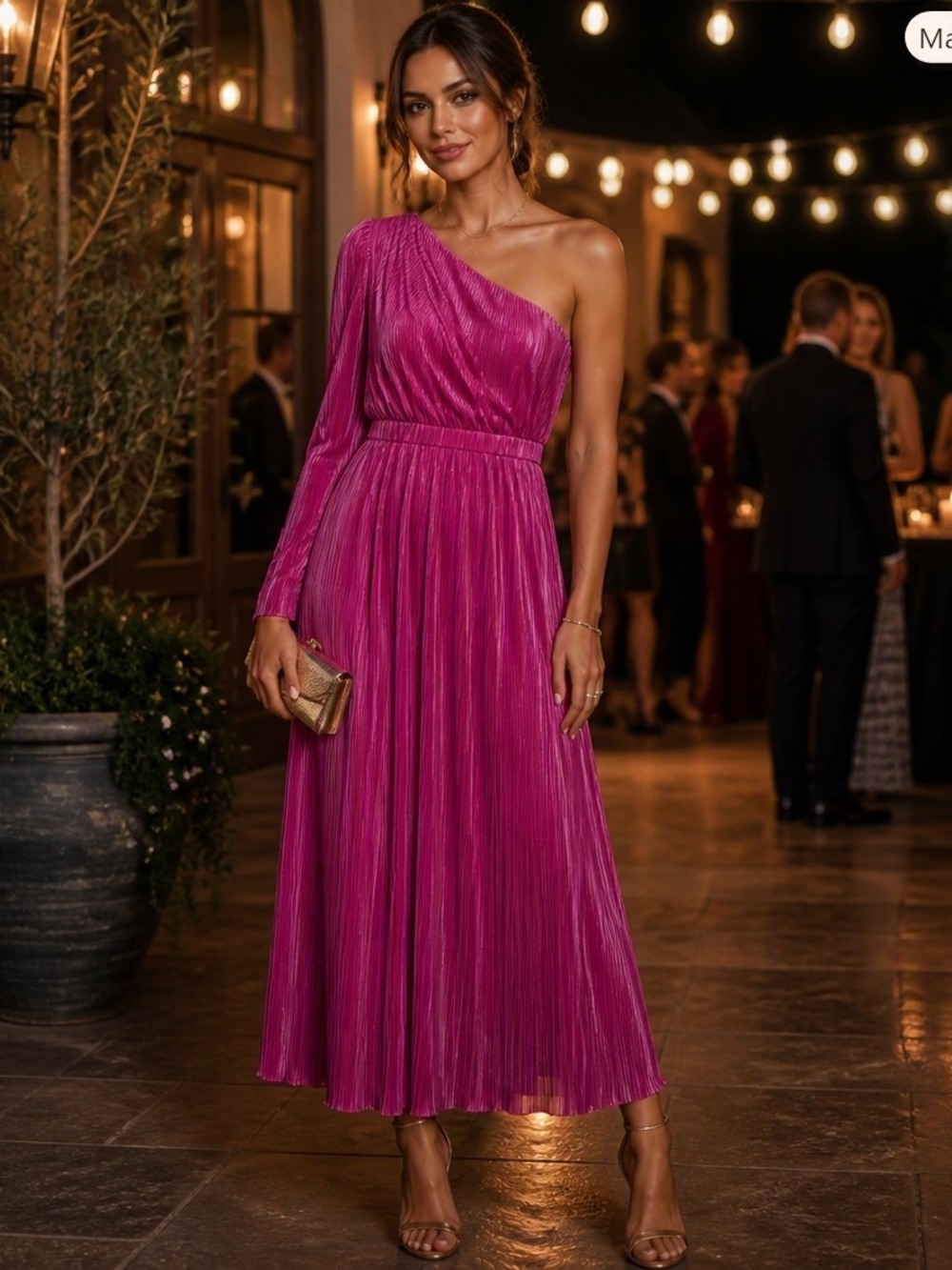 Petal & Pup One-Shoulder Pleated Midi Dress in Magenta